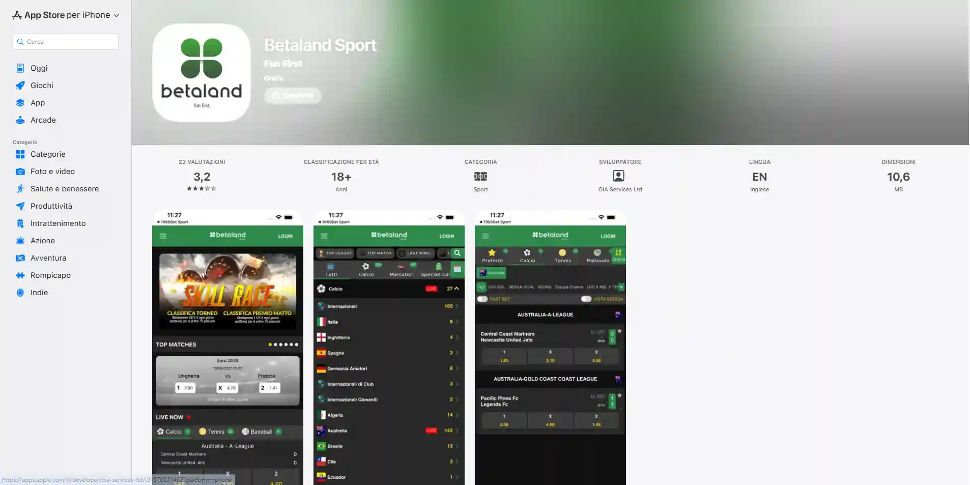 Scheda Betaland Sport nell'App Store italiano